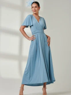 Jolie Moi Occasion Dresses|Jersey Dresses-Angel Sleeve Super-Smooth Jersey Maxi Dress, Blue