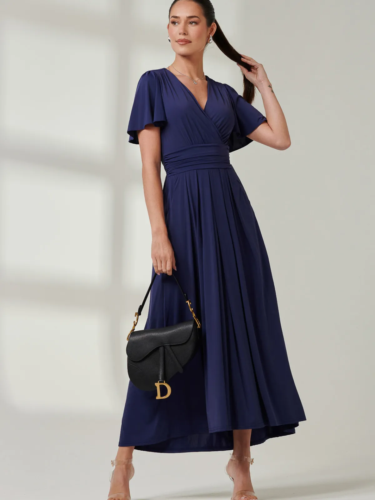 Jolie Moi Occasion Dresses|Jersey Dresses-Angel Sleeve Super-Smooth Jersey Maxi Dress, Navy