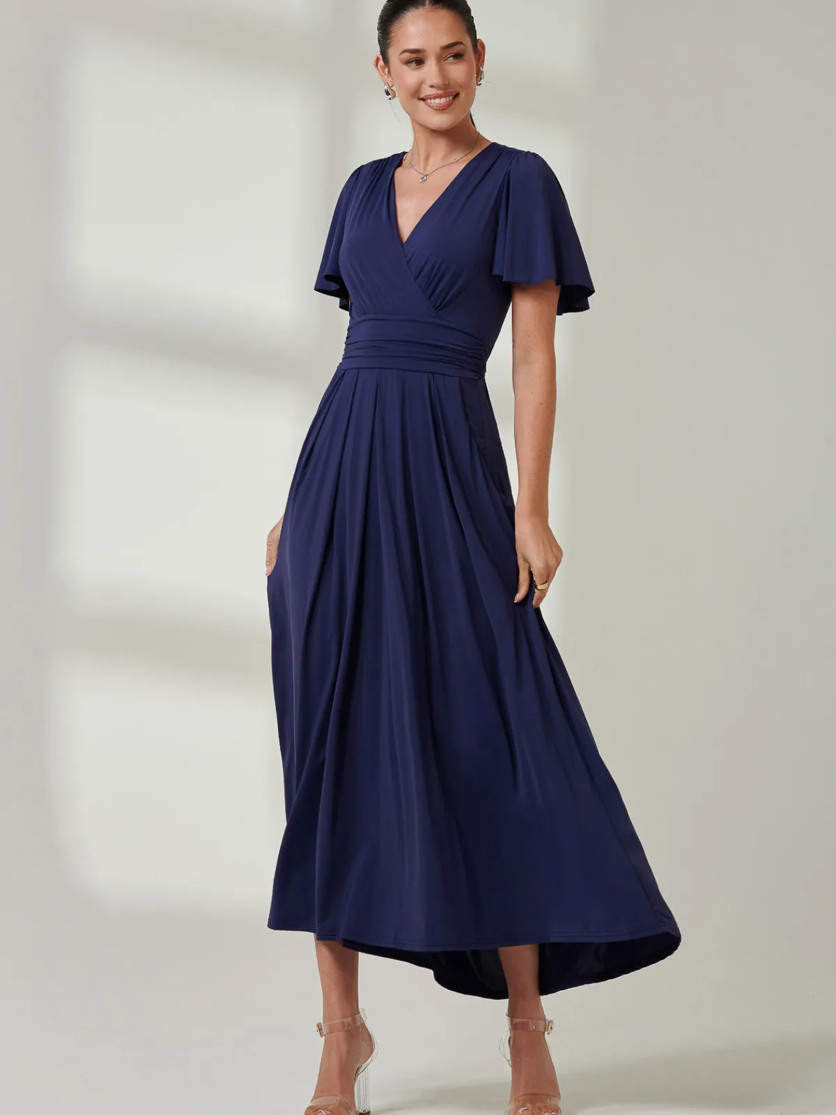 Jolie Moi Occasion Dresses|Jersey Dresses-Angel Sleeve Super-Smooth Jersey Maxi Dress, Navy