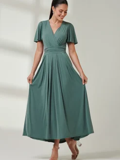 Jolie Moi Occasion Dresses|Jersey Dresses-Angel Sleeve Super-Smooth Jersey Maxi Dress, Pleat Green