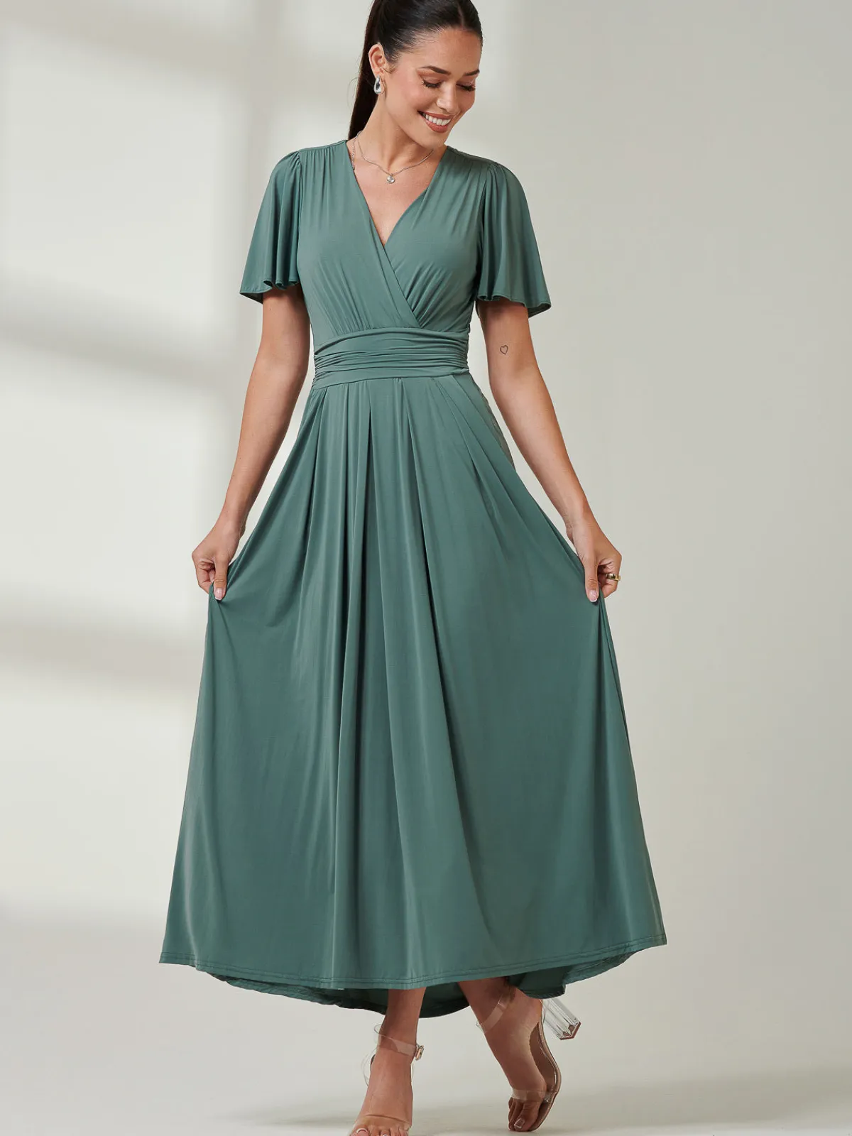 Jolie Moi Occasion Dresses|Jersey Dresses-Angel Sleeve Super-Smooth Jersey Maxi Dress, Pleat Green