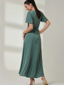 Jolie Moi Occasion Dresses|Jersey Dresses-Angel Sleeve Super-Smooth Jersey Maxi Dress, Pleat Green