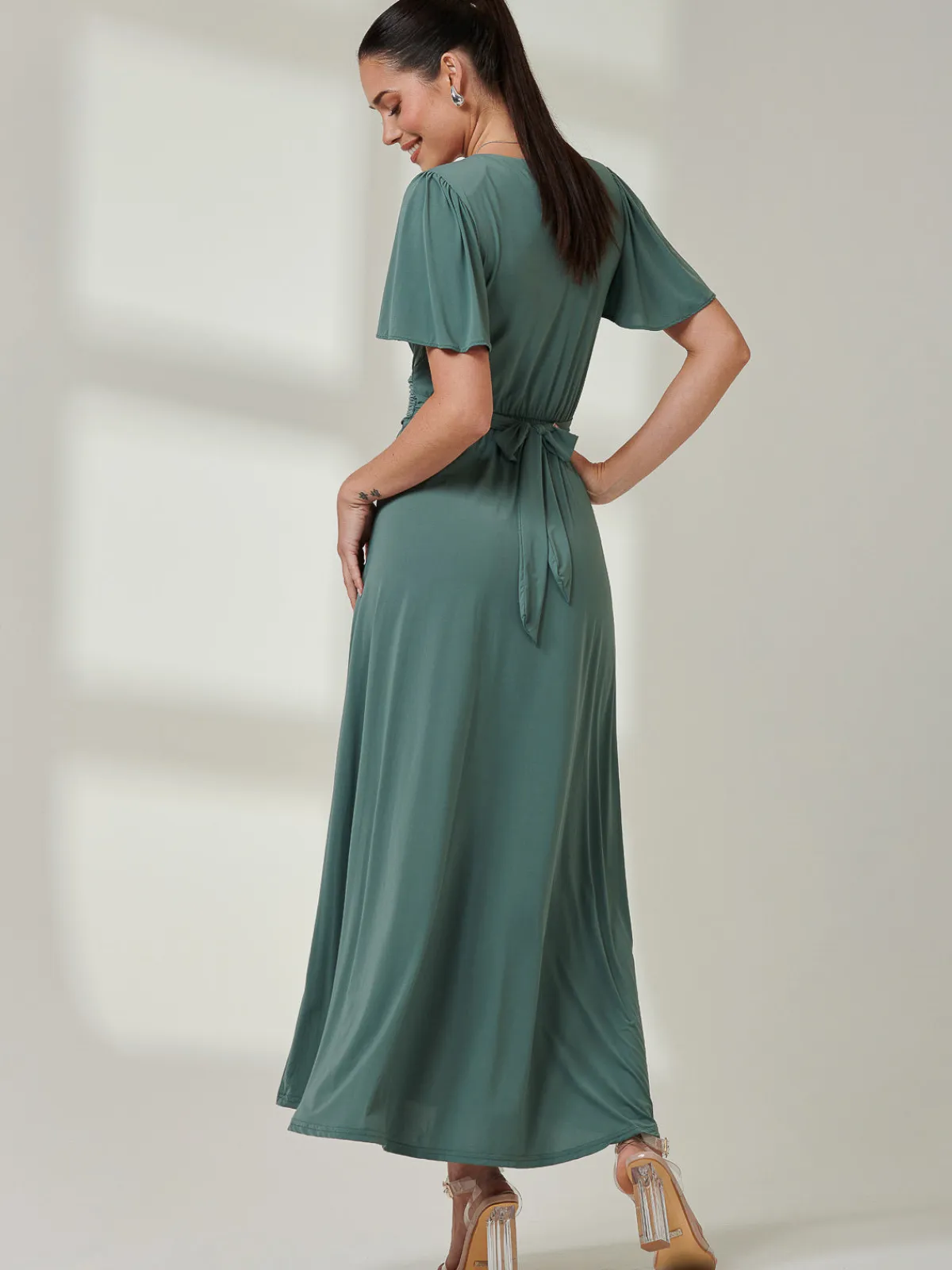 Jolie Moi Occasion Dresses|Jersey Dresses-Angel Sleeve Super-Smooth Jersey Maxi Dress, Pleat Green