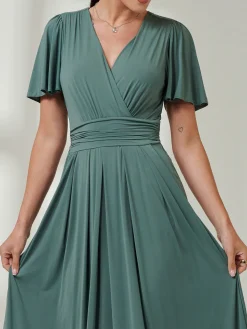 Jolie Moi Occasion Dresses|Jersey Dresses-Angel Sleeve Super-Smooth Jersey Maxi Dress, Pleat Green
