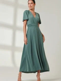 Jolie Moi Occasion Dresses|Jersey Dresses-Angel Sleeve Super-Smooth Jersey Maxi Dress, Pleat Green