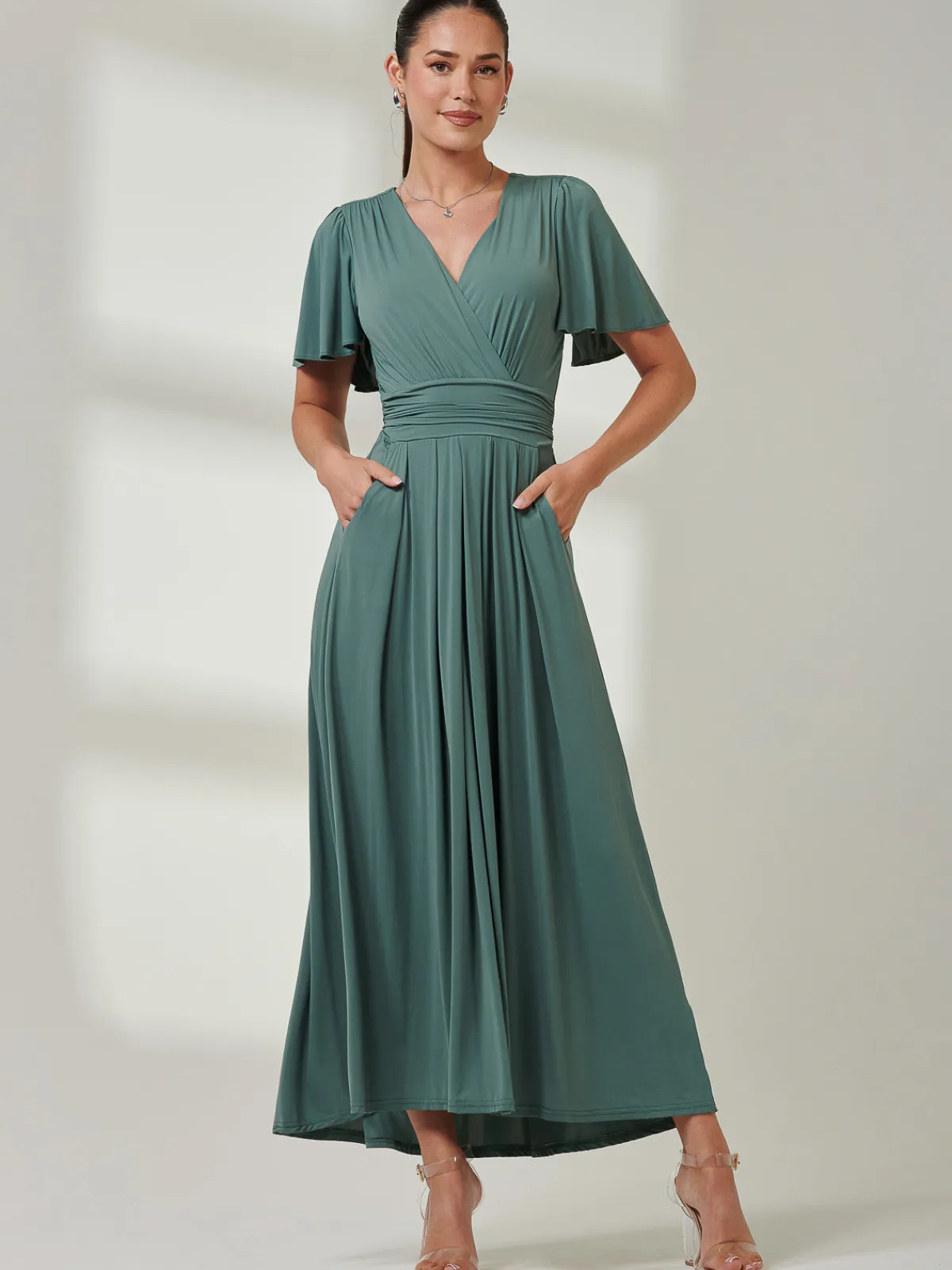 Jolie Moi Occasion Dresses|Jersey Dresses-Angel Sleeve Super-Smooth Jersey Maxi Dress, Pleat Green
