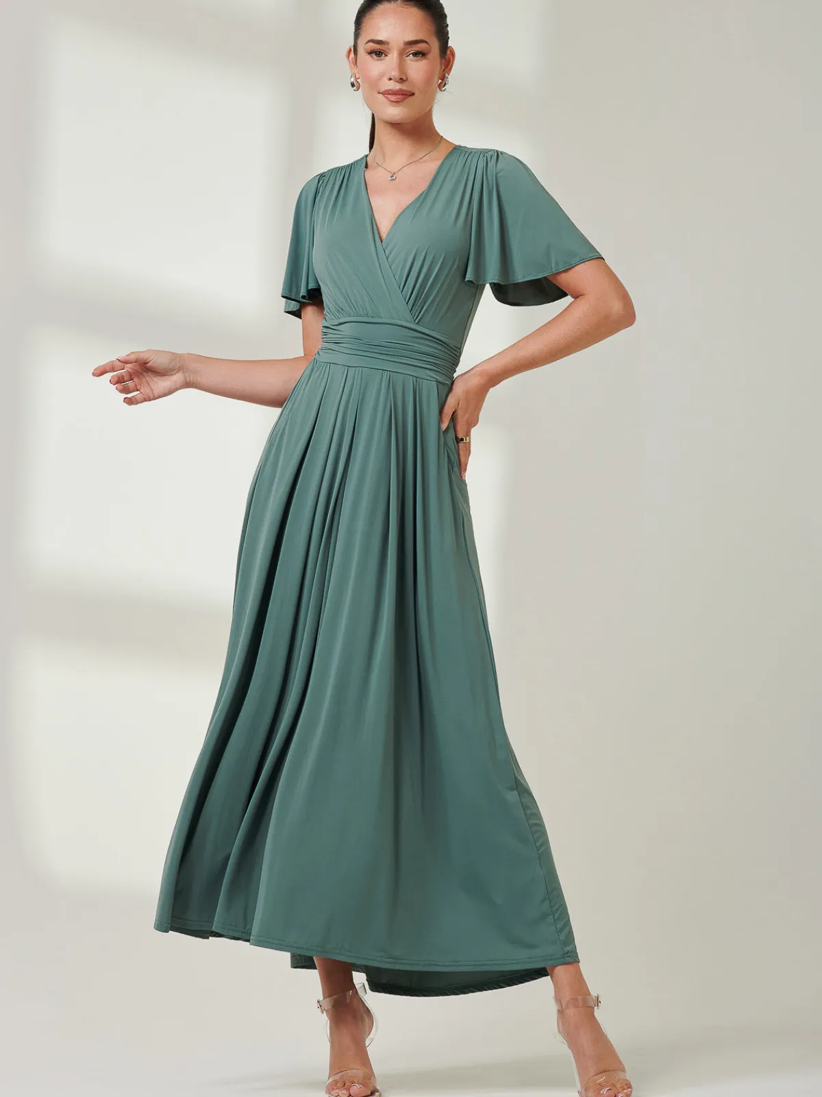Jolie Moi Occasion Dresses|Jersey Dresses-Angel Sleeve Super-Smooth Jersey Maxi Dress, Pleat Green