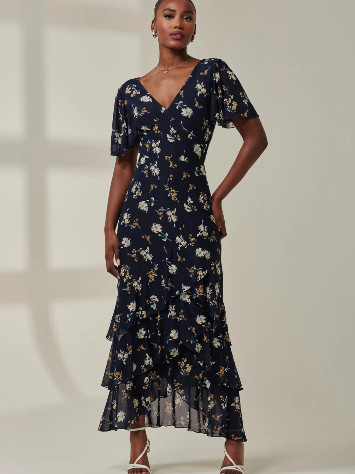 Jolie Moi Occasion Dresses|Floral Dresses-Angel Sleeve Tiered Hem Maxi Dress, Navy Floral