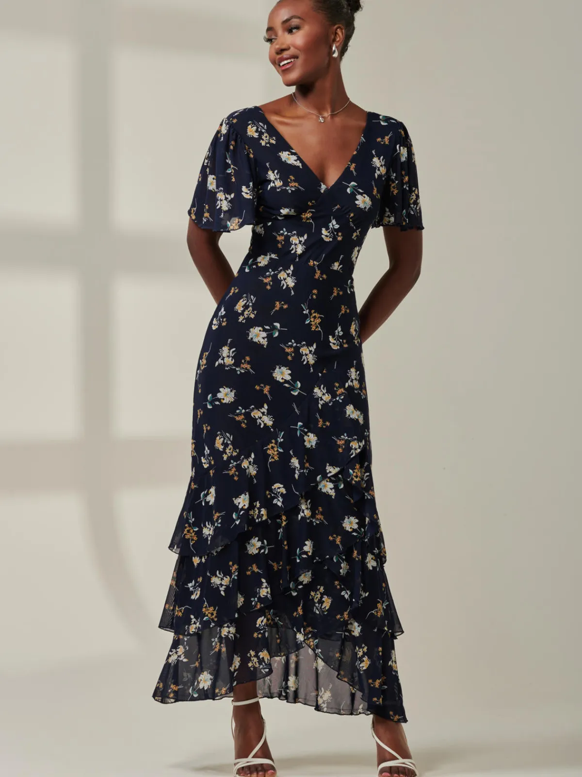 Jolie Moi Occasion Dresses|Floral Dresses-Angel Sleeve Tiered Hem Maxi Dress, Navy Floral
