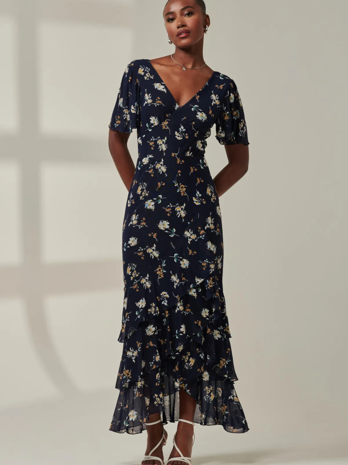 Jolie Moi Occasion Dresses|Floral Dresses-Angel Sleeve Tiered Hem Maxi Dress, Navy Floral