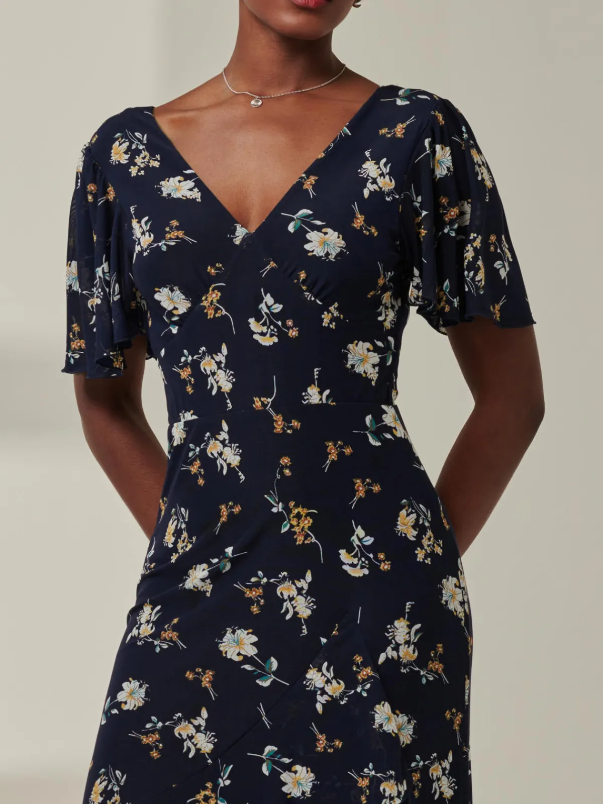 Jolie Moi Occasion Dresses|Floral Dresses-Angel Sleeve Tiered Hem Maxi Dress, Navy Floral