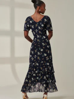 Jolie Moi Occasion Dresses|Floral Dresses-Angel Sleeve Tiered Hem Maxi Dress, Navy Floral