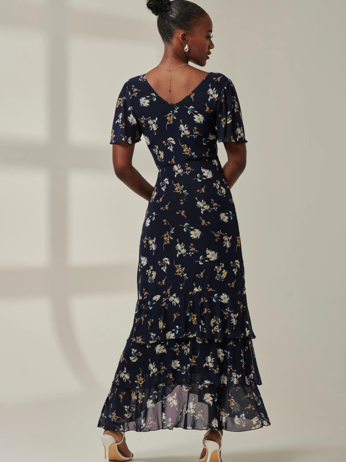 Jolie Moi Occasion Dresses|Floral Dresses-Angel Sleeve Tiered Hem Maxi Dress, Navy Floral