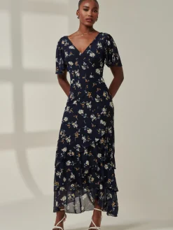 Jolie Moi Occasion Dresses|Floral Dresses-Angel Sleeve Tiered Hem Maxi Dress, Navy Floral