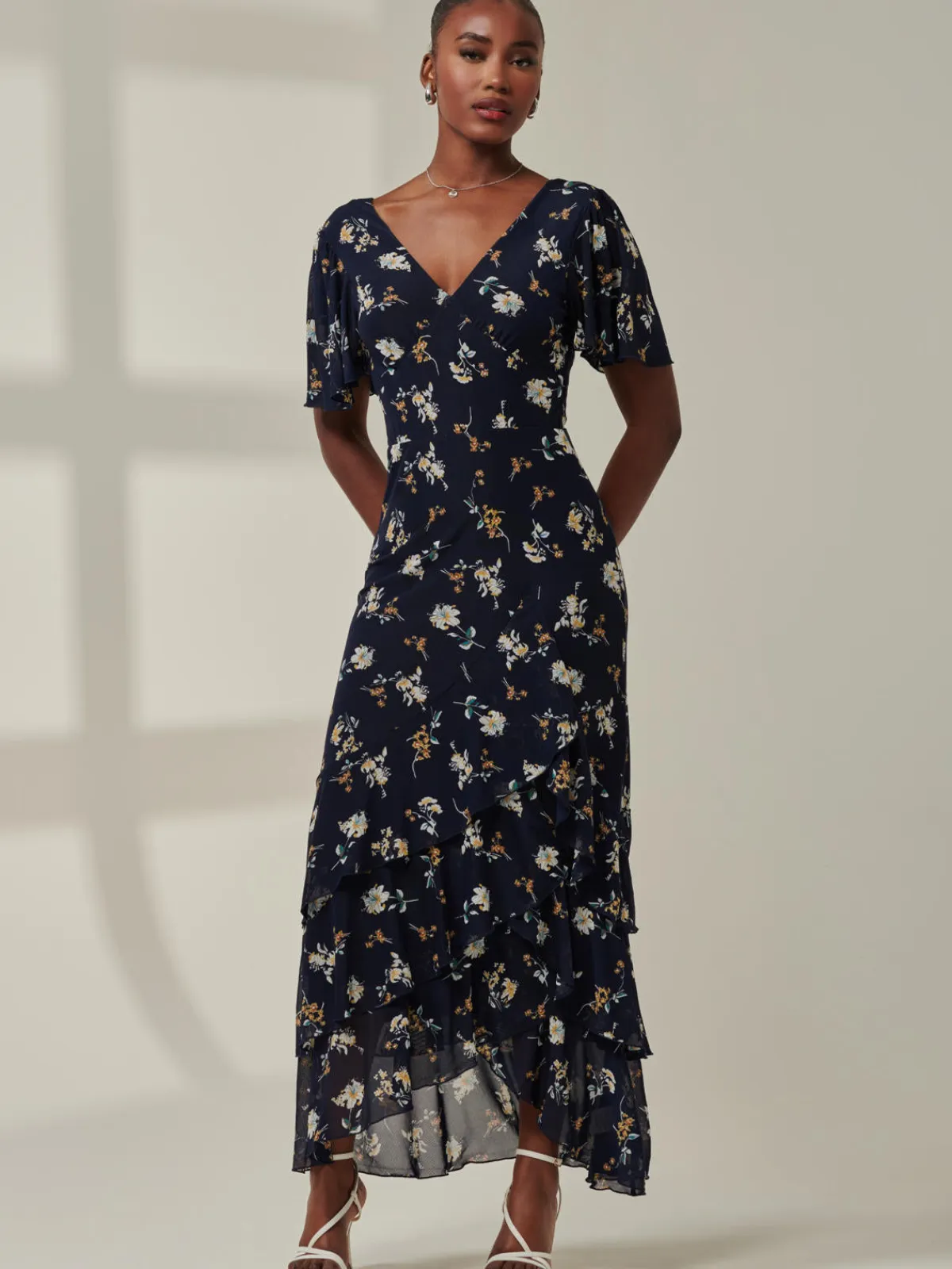 Jolie Moi Occasion Dresses|Floral Dresses-Angel Sleeve Tiered Hem Maxi Dress, Navy Floral