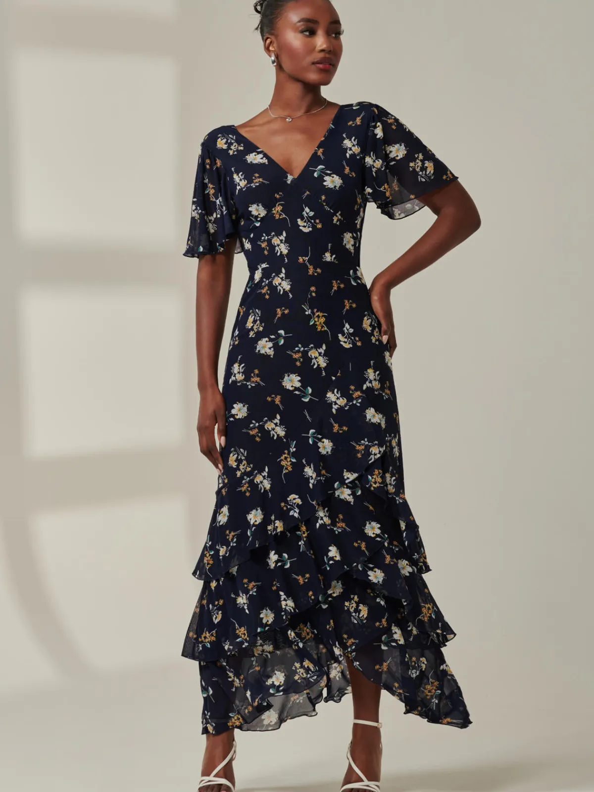 Jolie Moi Occasion Dresses|Floral Dresses-Angel Sleeve Tiered Hem Maxi Dress, Navy Floral