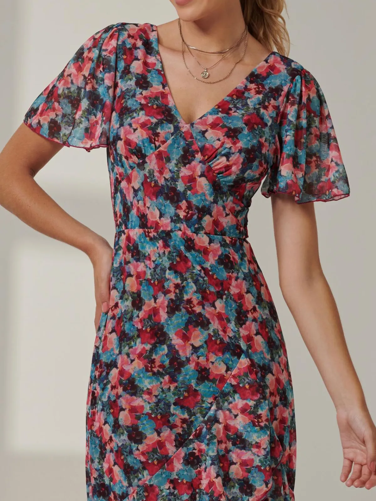 Jolie Moi Occasion Dresses|Floral Dresses-Angel Sleeve Tiered Hem Maxi Dress, Teal Multi