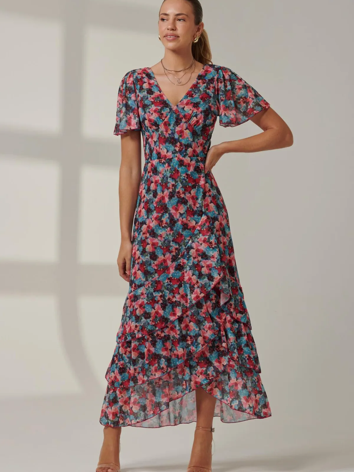 Jolie Moi Occasion Dresses|Floral Dresses-Angel Sleeve Tiered Hem Maxi Dress, Teal Multi