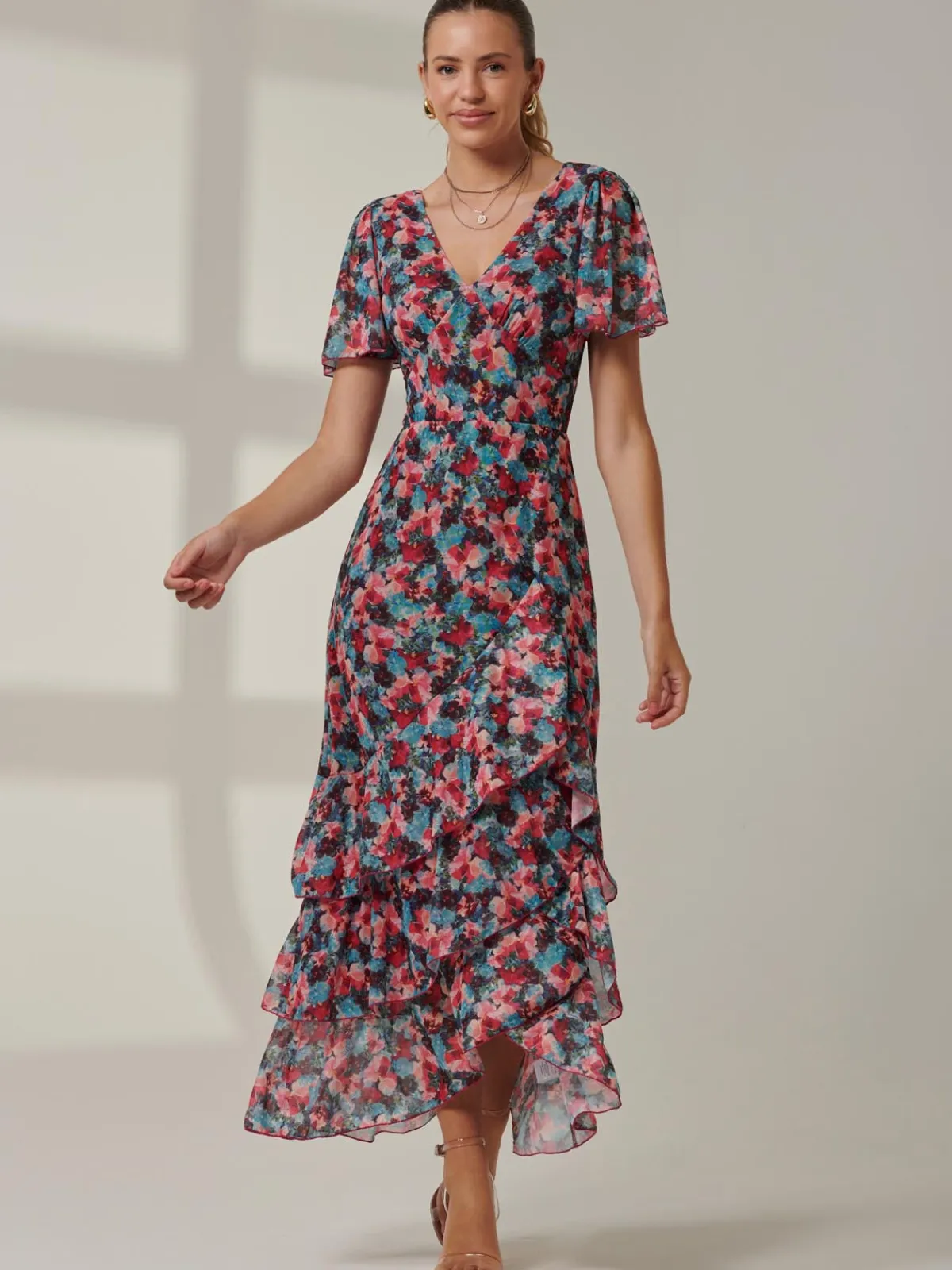 Jolie Moi Occasion Dresses|Floral Dresses-Angel Sleeve Tiered Hem Maxi Dress, Teal Multi
