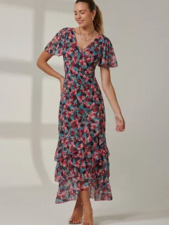 Jolie Moi Occasion Dresses|Floral Dresses-Angel Sleeve Tiered Hem Maxi Dress, Teal Multi