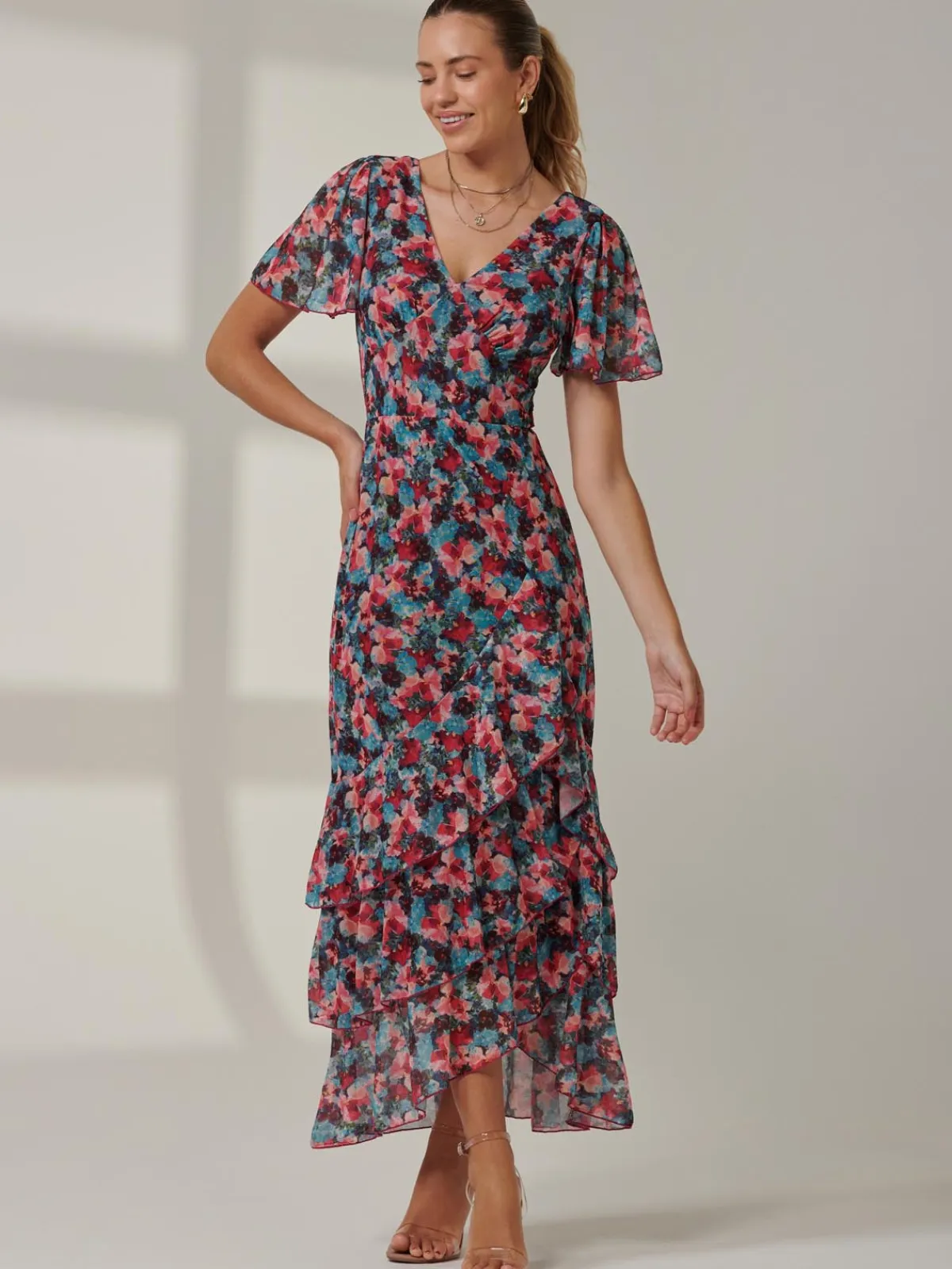 Jolie Moi Occasion Dresses|Floral Dresses-Angel Sleeve Tiered Hem Maxi Dress, Teal Multi