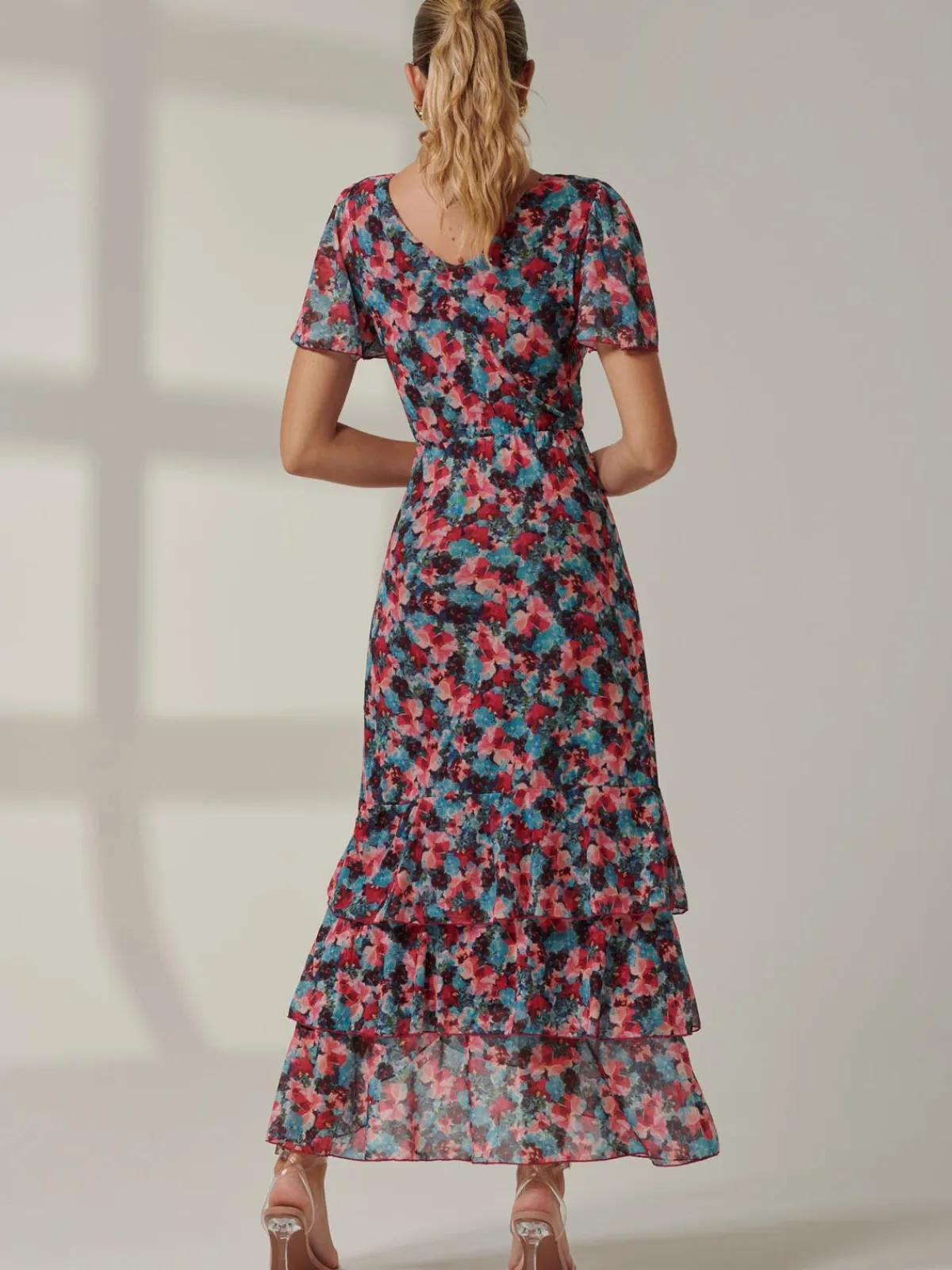 Jolie Moi Occasion Dresses|Floral Dresses-Angel Sleeve Tiered Hem Maxi Dress, Teal Multi