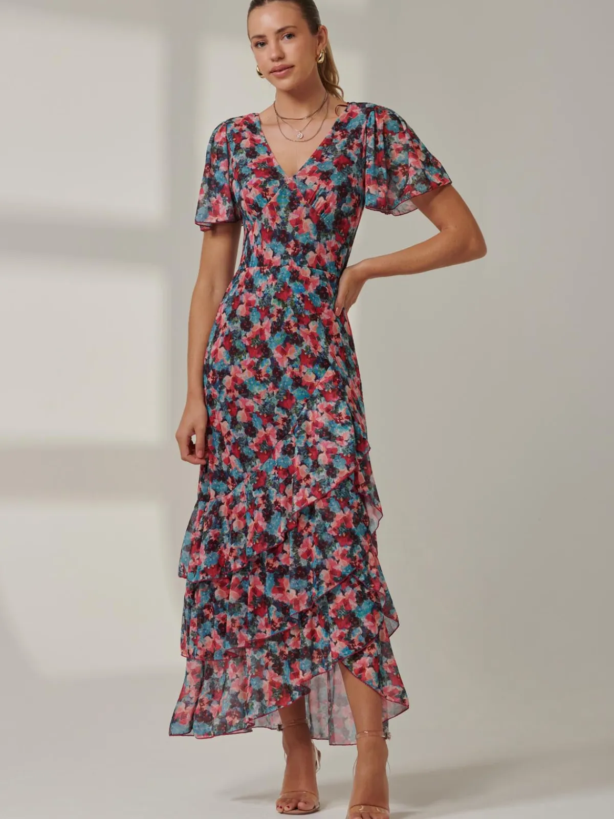 Jolie Moi Occasion Dresses|Floral Dresses-Angel Sleeve Tiered Hem Maxi Dress, Teal Multi