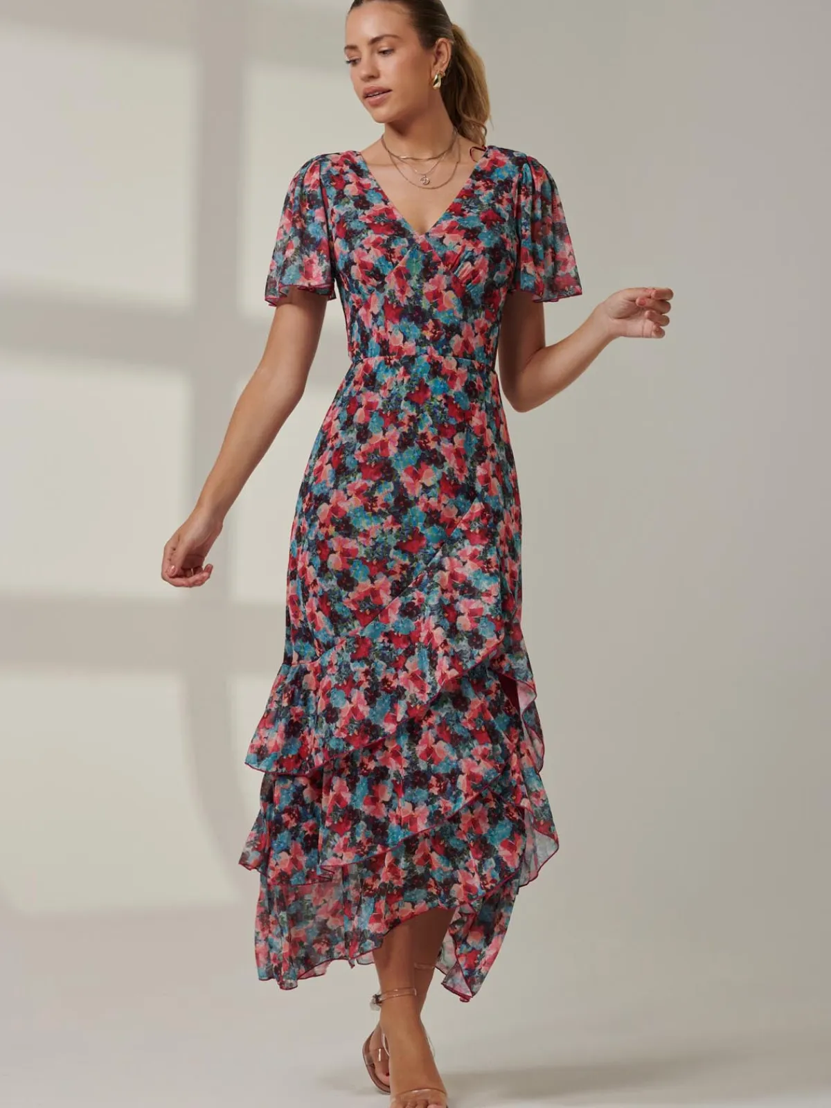 Jolie Moi Occasion Dresses|Floral Dresses-Angel Sleeve Tiered Hem Maxi Dress, Teal Multi