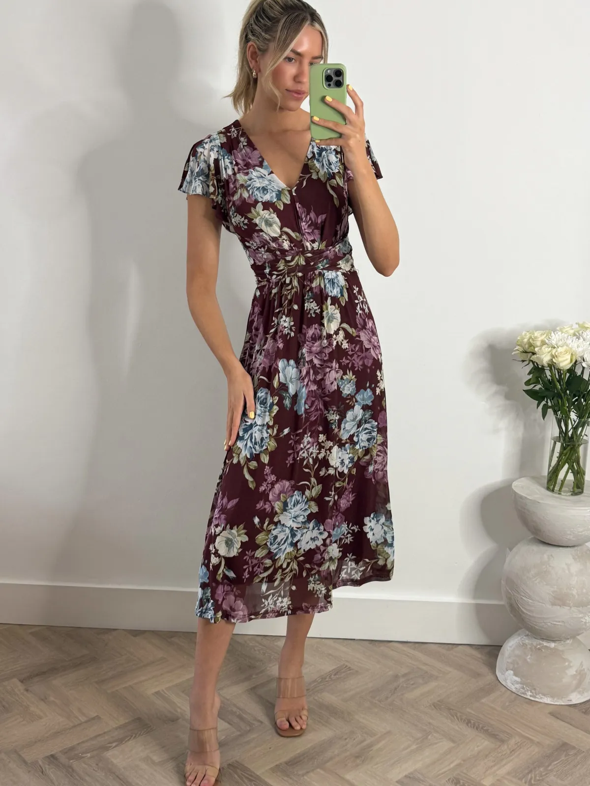 Jolie Moi Occasion Dresses|Floral Dresses-Angel Sleeve V-Neck Midi Dress, Dark Red
