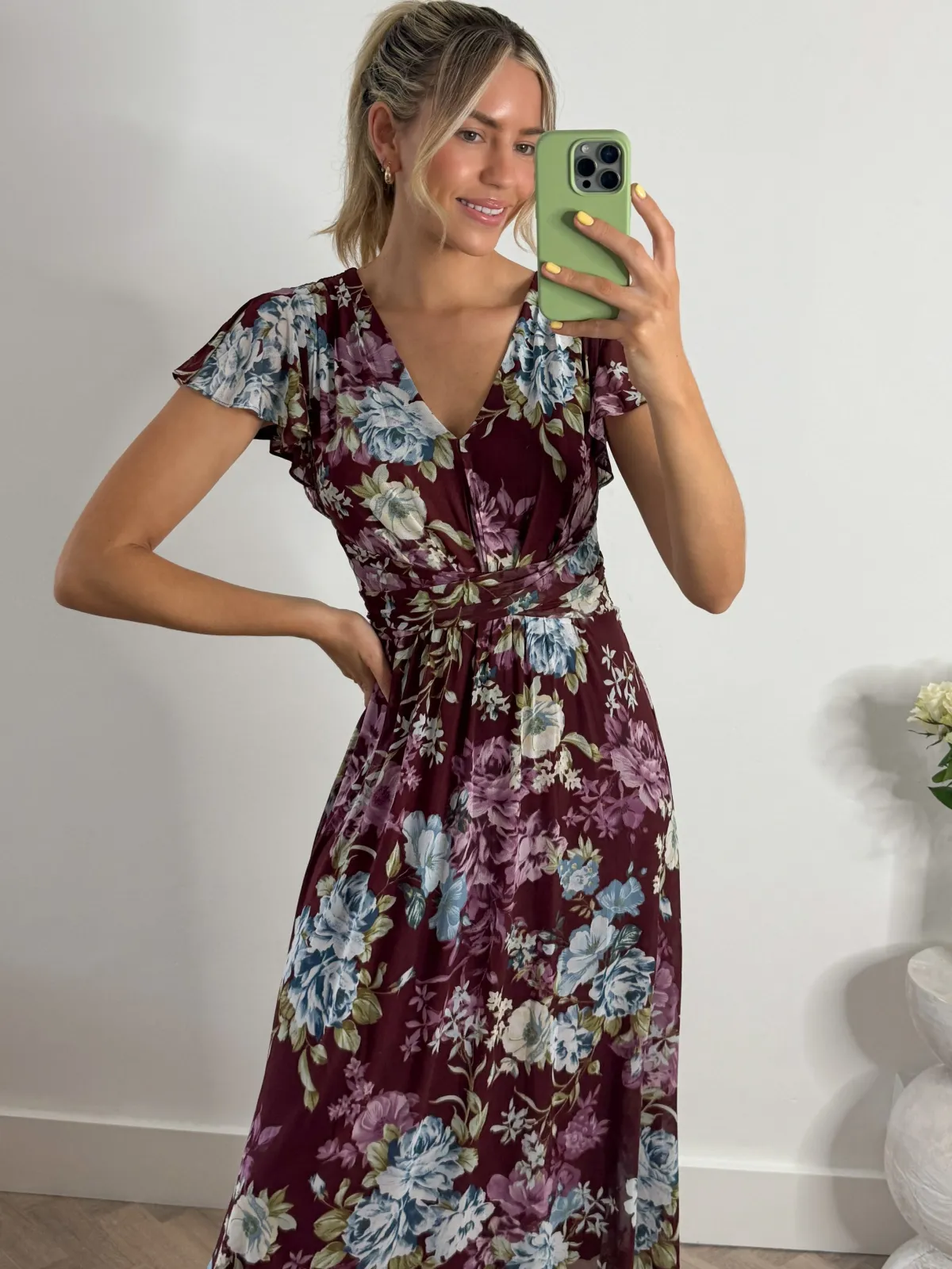 Jolie Moi Occasion Dresses|Floral Dresses-Angel Sleeve V-Neck Midi Dress, Dark Red
