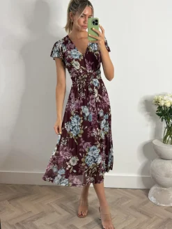 Jolie Moi Occasion Dresses|Floral Dresses-Angel Sleeve V-Neck Midi Dress, Dark Red