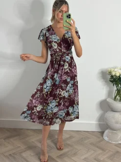 Jolie Moi Occasion Dresses|Floral Dresses-Angel Sleeve V-Neck Midi Dress, Dark Red