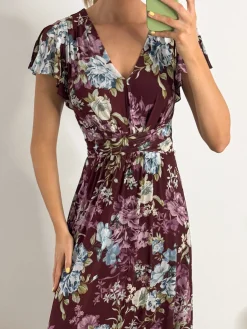 Jolie Moi Occasion Dresses|Floral Dresses-Angel Sleeve V-Neck Midi Dress, Dark Red