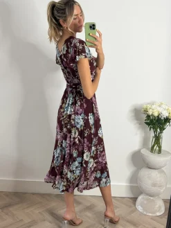 Jolie Moi Occasion Dresses|Floral Dresses-Angel Sleeve V-Neck Midi Dress, Dark Red