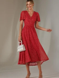 Jolie Moi Occasion Dresses|Party Dresses-Angel Sleeve Wrap Bodice Mesh Maxi Dress, Red Geo