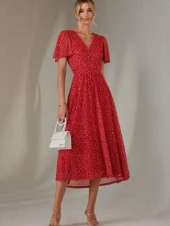 Jolie Moi Occasion Dresses|Party Dresses-Angel Sleeve Wrap Bodice Mesh Maxi Dress, Red Geo