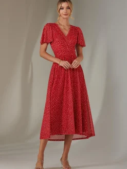 Jolie Moi Occasion Dresses|Party Dresses-Angel Sleeve Wrap Bodice Mesh Maxi Dress, Red Geo
