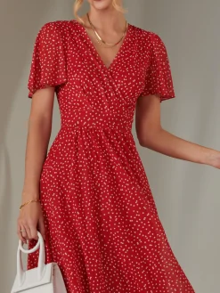 Jolie Moi Occasion Dresses|Party Dresses-Angel Sleeve Wrap Bodice Mesh Maxi Dress, Red Geo