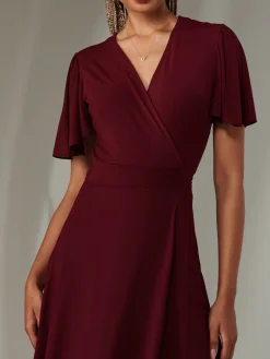 Jolie Moi Occasion Dresses|Wrap Dresses- Angel Sleeve Wrapped Mesh Maxi Dress Burgundy