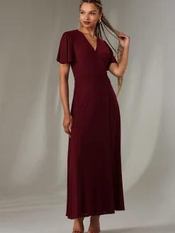 Jolie Moi Occasion Dresses|Wrap Dresses- Angel Sleeve Wrapped Mesh Maxi Dress Burgundy