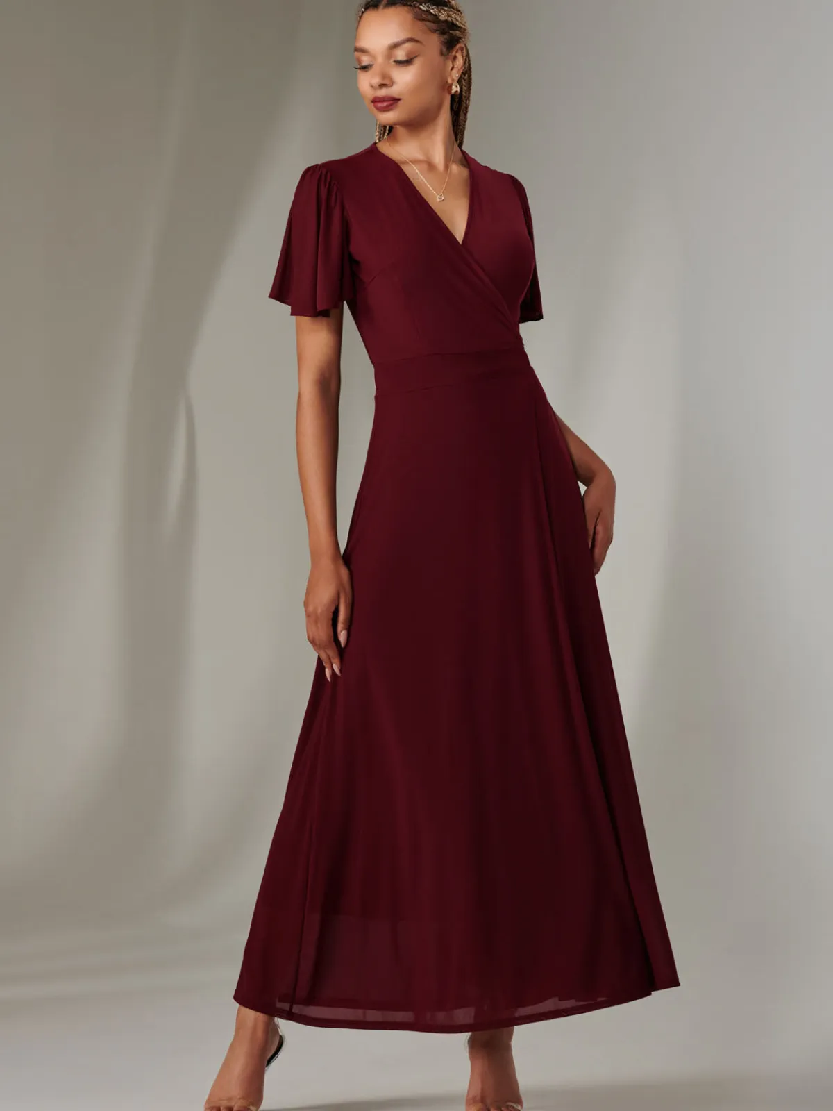 Jolie Moi Occasion Dresses|Wrap Dresses- Angel Sleeve Wrapped Mesh Maxi Dress Burgundy