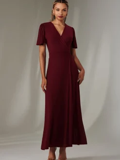 Jolie Moi Occasion Dresses|Wrap Dresses- Angel Sleeve Wrapped Mesh Maxi Dress Burgundy