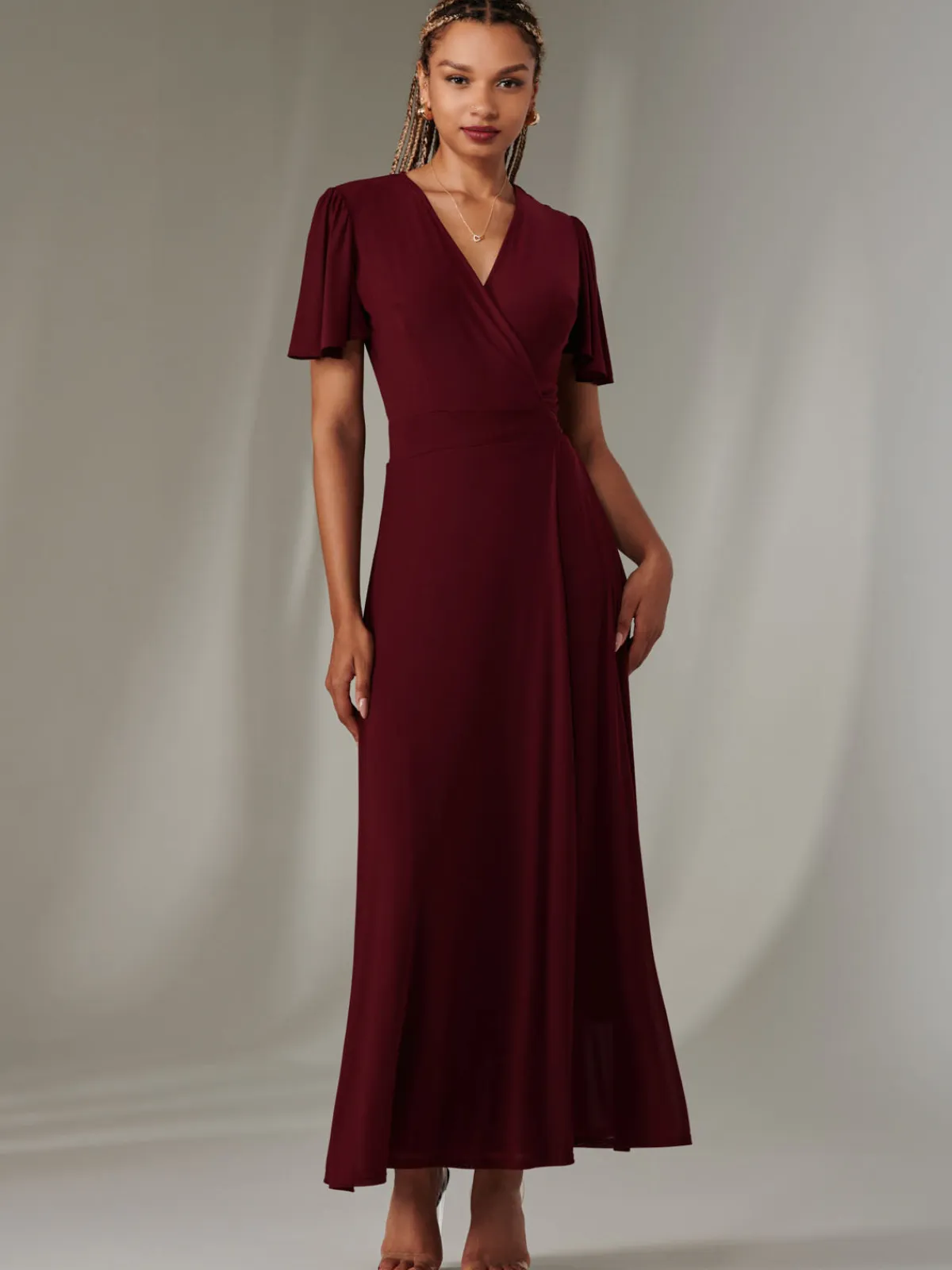 Jolie Moi Occasion Dresses|Wrap Dresses- Angel Sleeve Wrapped Mesh Maxi Dress Burgundy