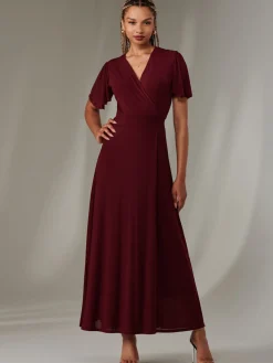 Jolie Moi Occasion Dresses|Wrap Dresses- Angel Sleeve Wrapped Mesh Maxi Dress Burgundy