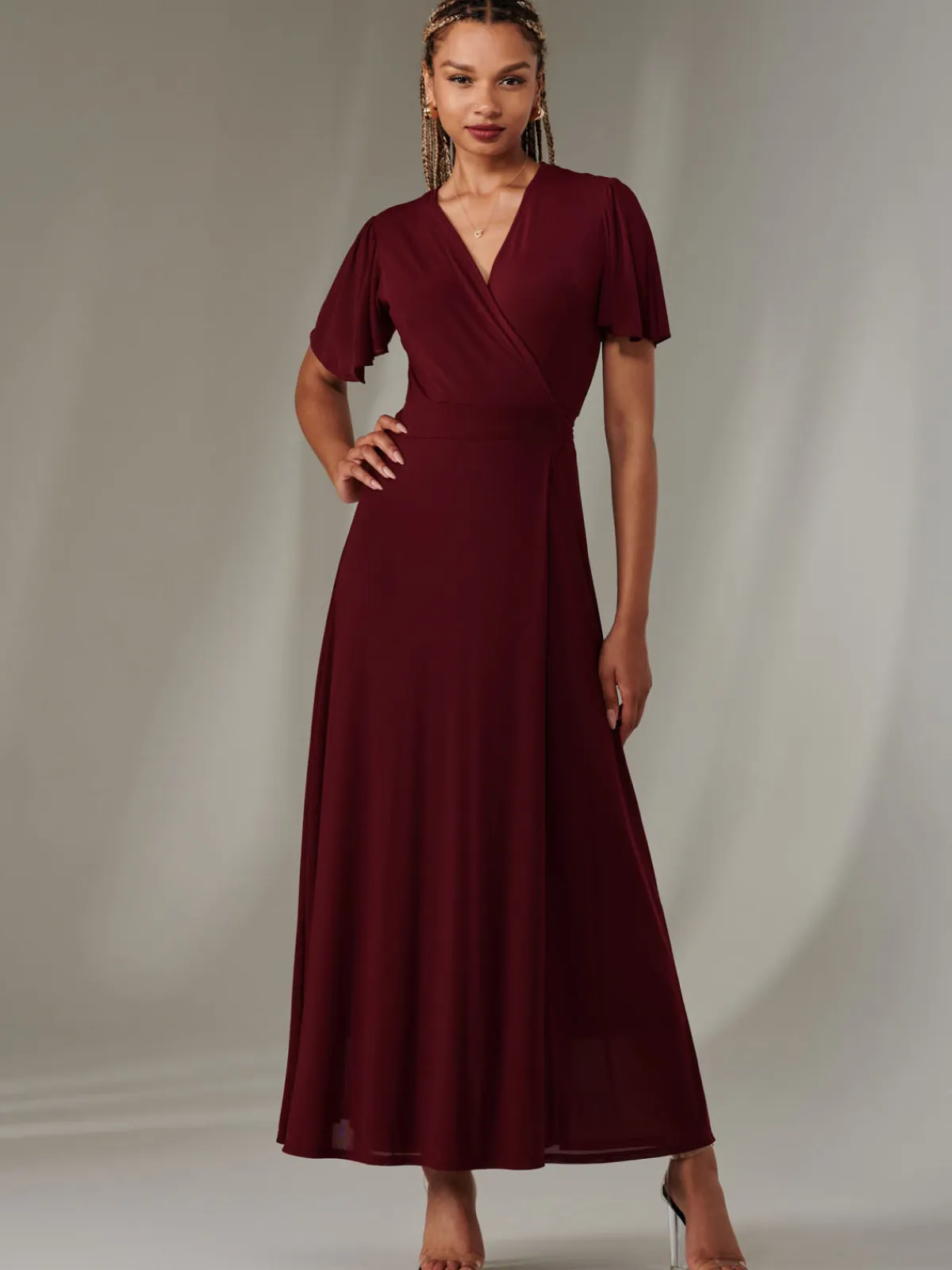 Jolie Moi Occasion Dresses|Wrap Dresses- Angel Sleeve Wrapped Mesh Maxi Dress Burgundy