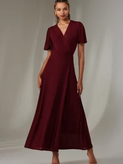 Jolie Moi Occasion Dresses|Wrap Dresses- Angel Sleeve Wrapped Mesh Maxi Dress Burgundy