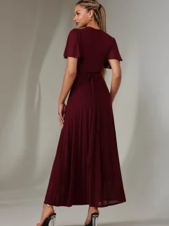 Jolie Moi Occasion Dresses|Wrap Dresses- Angel Sleeve Wrapped Mesh Maxi Dress Burgundy
