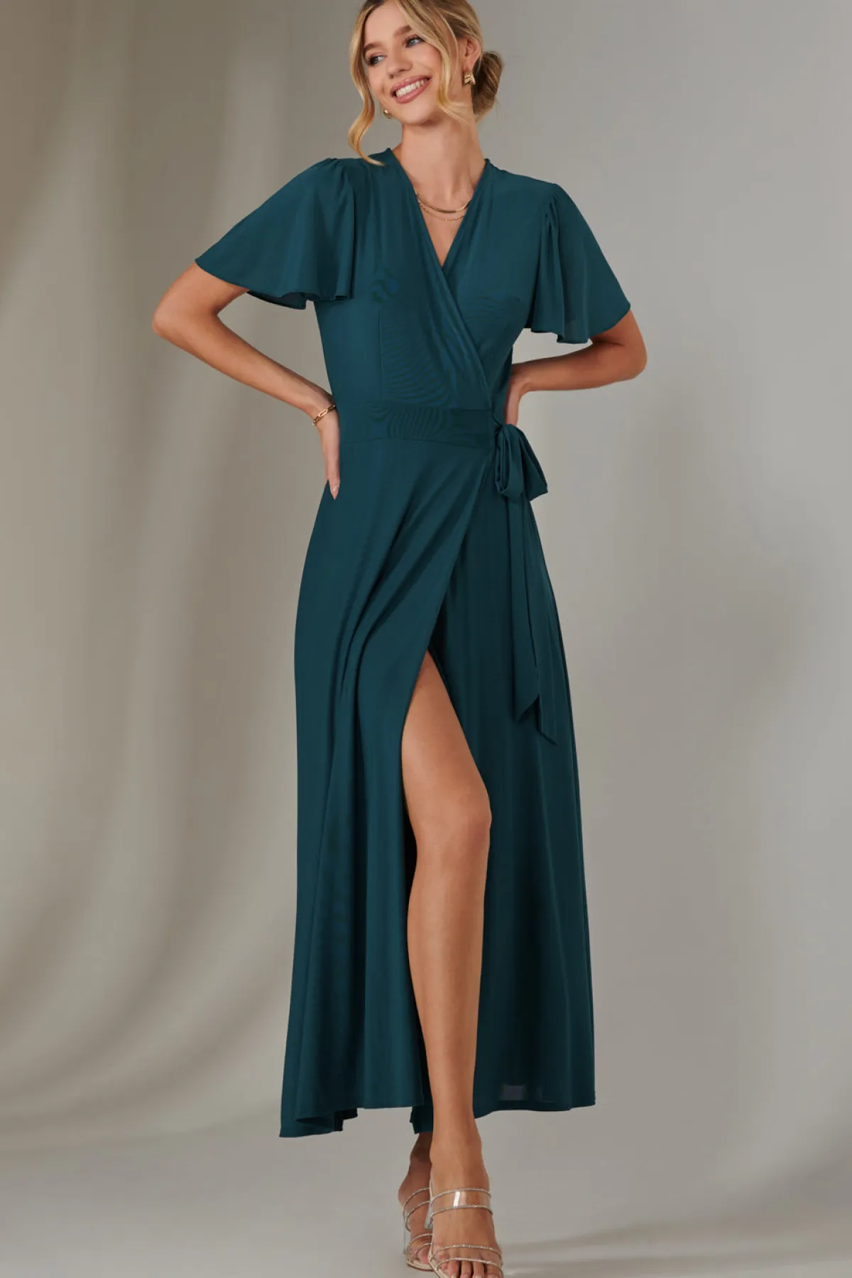 Jolie Moi Occasion Dresses|Party Dresses-Angel Sleeve Wrapped Mesh Maxi Dress, Dark Teal