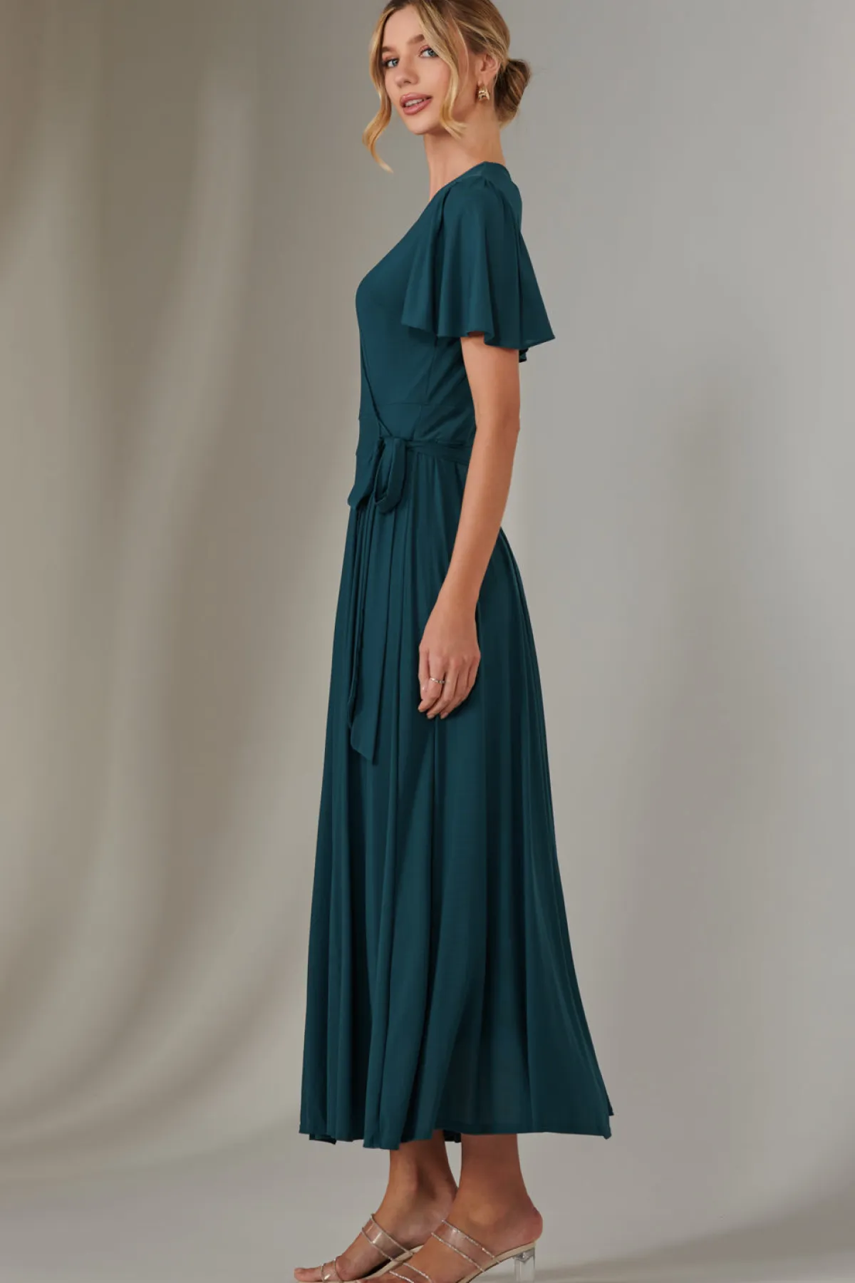 Jolie Moi Occasion Dresses|Party Dresses-Angel Sleeve Wrapped Mesh Maxi Dress, Dark Teal