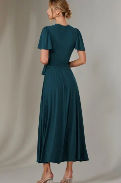 Jolie Moi Occasion Dresses|Party Dresses-Angel Sleeve Wrapped Mesh Maxi Dress, Dark Teal